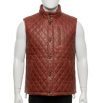 Handmade cognac quilted leather puffer vest mens by Custom Jackets USA.