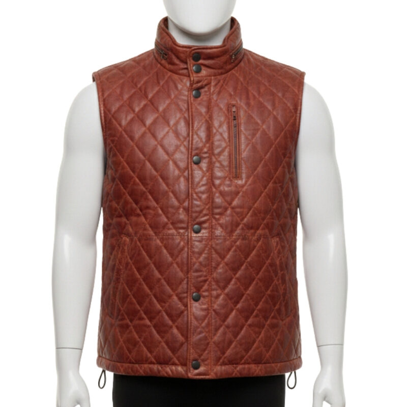 Handmade cognac quilted leather puffer vest mens by Custom Jackets USA.