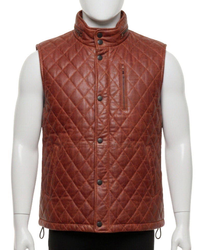Handmade cognac quilted leather puffer vest mens by Custom Jackets USA.