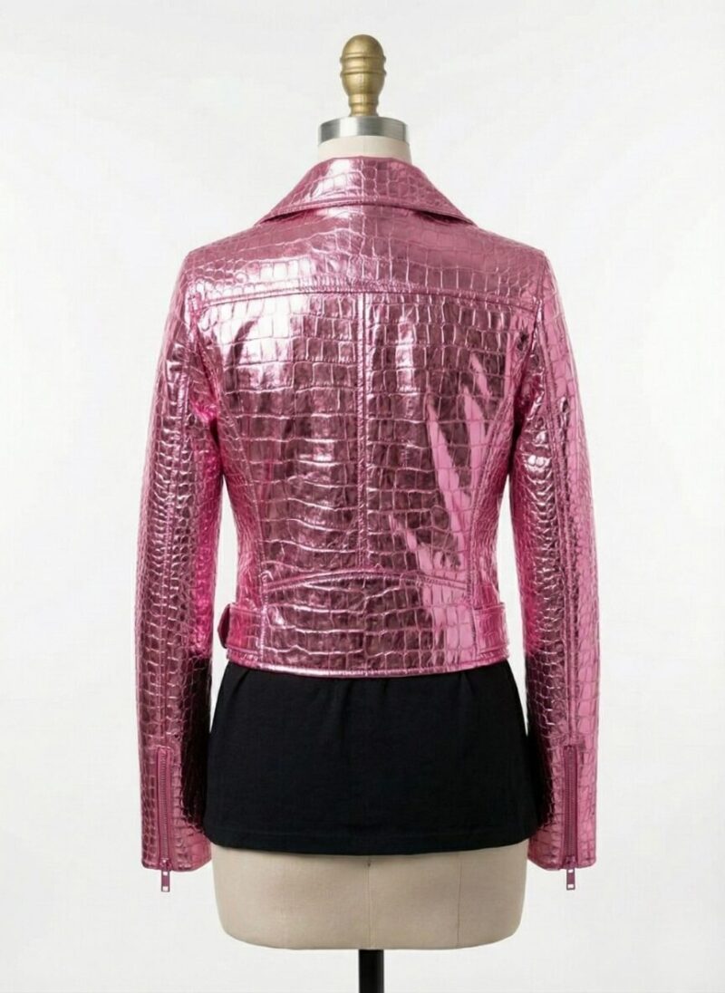 A luxury metallic pink crocodile embossed female bike jacket by Custom Jackets USA.