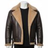 A luxury dark brown aviator jacket mens with cream shearling fur lining and collar, featuring adjustable waist buckles, showcased by Custom Jackets USA.