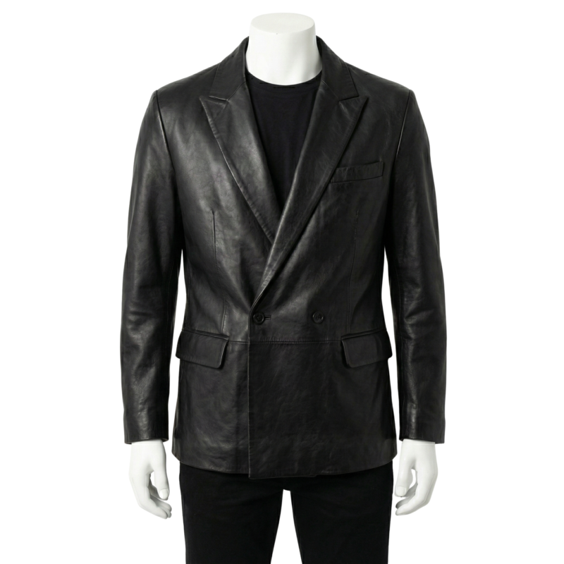 A luxury black double breasted genuine leather coat for men by Custom Jackets USA.