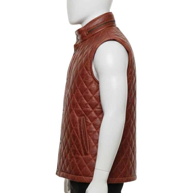 Handmade cognac quilted leather puffer vest mens by Custom Jackets USA.