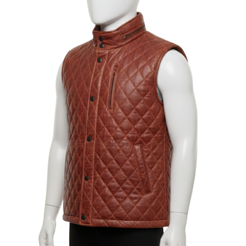 Handmade cognac quilted leather puffer vest mens by Custom Jackets USA.