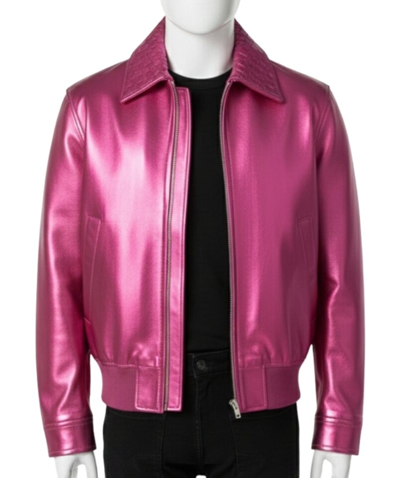 Front view of Metallic Pink bomber leather jacket featuring a smooth high-gloss body and unique hand-woven collar. Luxury mens leather bomber jacket by Custom Jackets USA