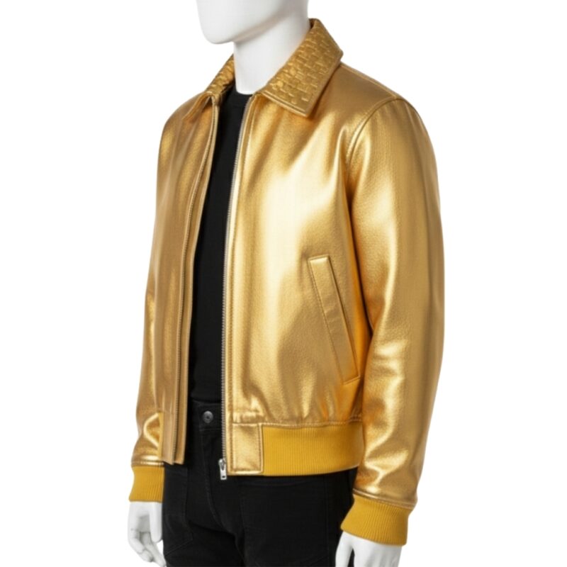 INTERLACING WOVEN LEATHER COLLAR BOMBER JACKET