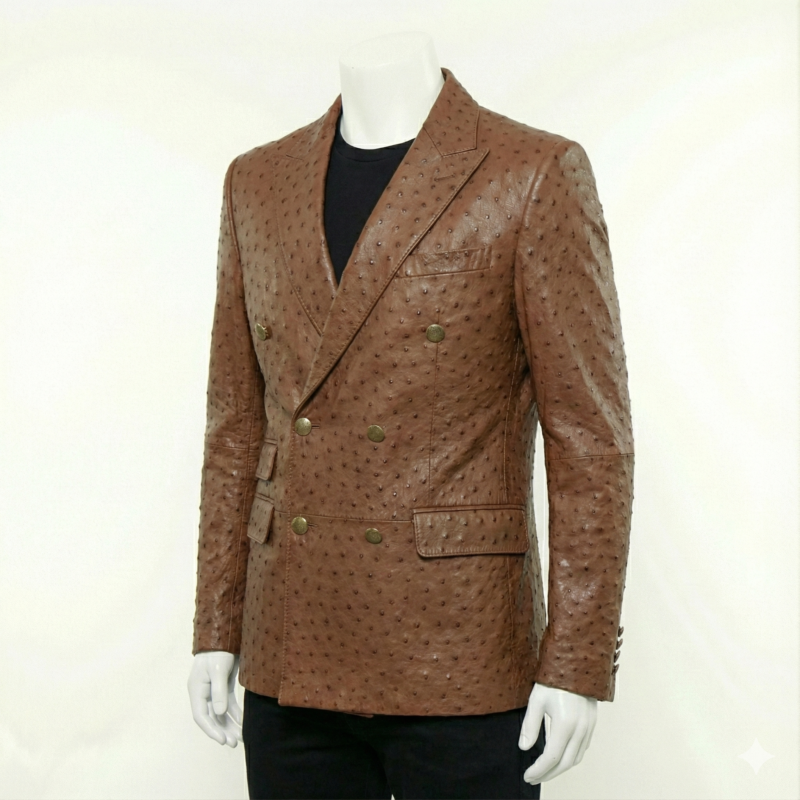 A luxury brown ostrich embossed genuine leather double breasted coat for men by Custom Jackets USA.