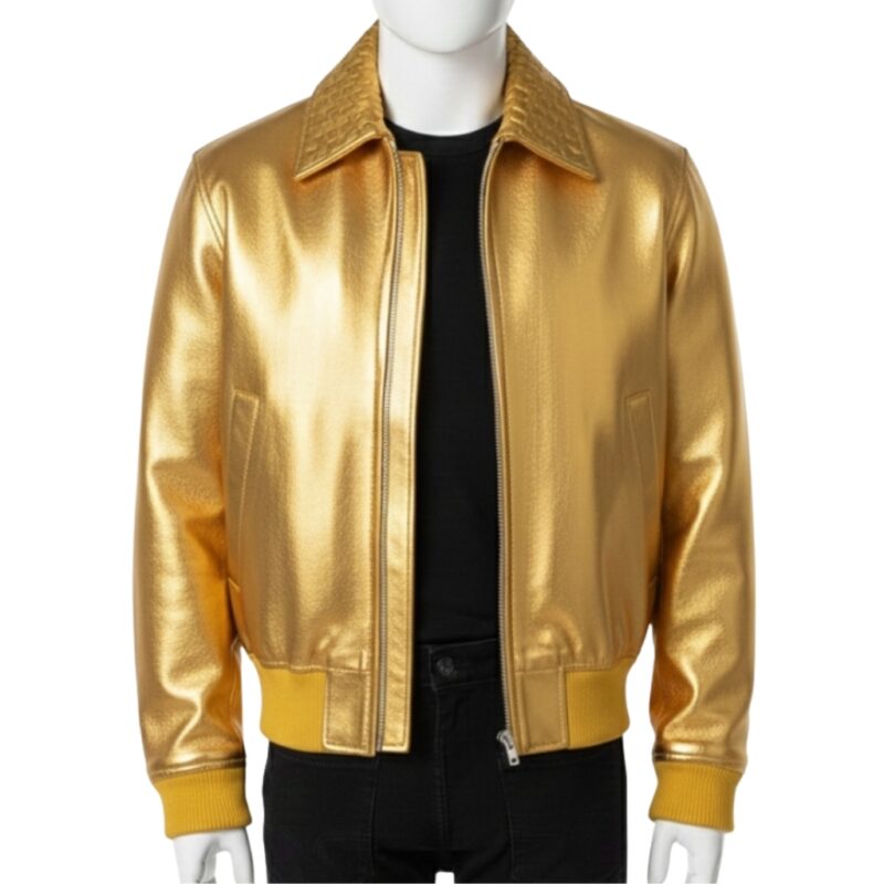 Artisan Bomber Leather Jacket Gold | Woven Collar Edition