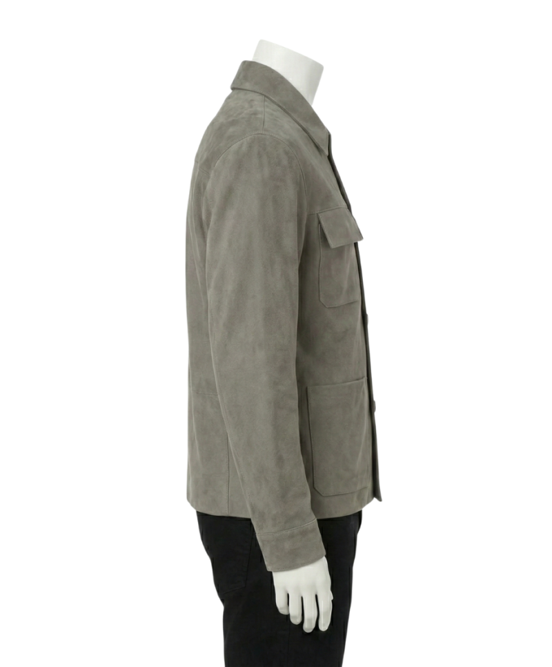 A premium handcrafted greyish brown suede leather jacket for men featuring a Mens Suede Leather Jacket design.