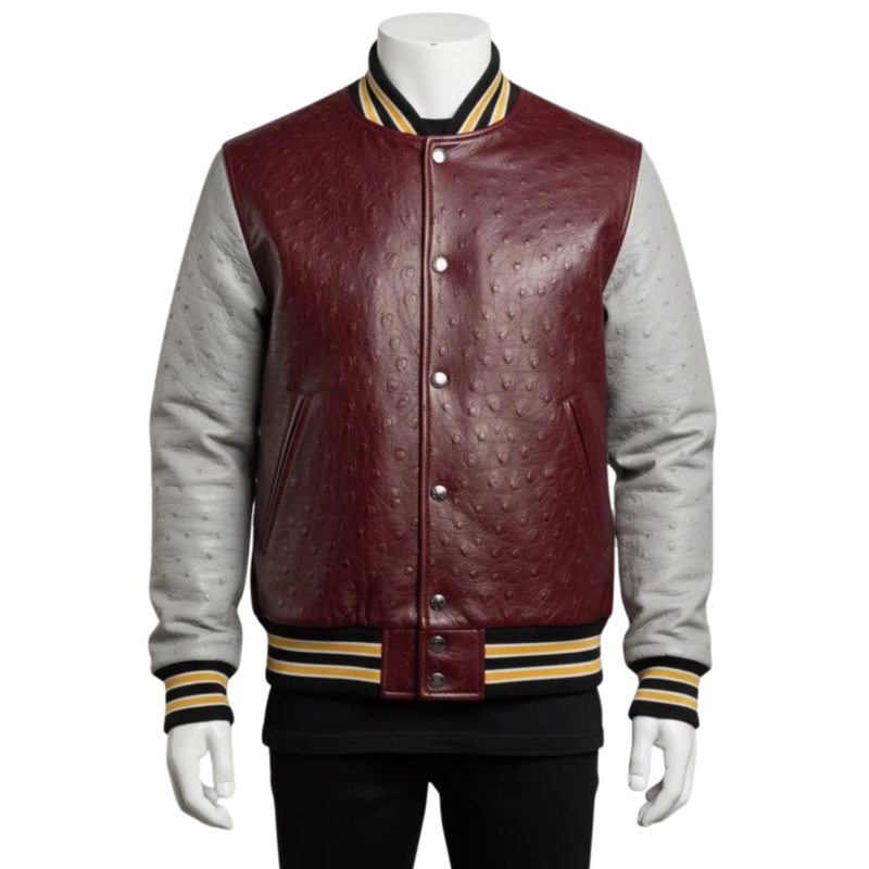 A premium handcrafted maroon and grey ostrich leather varsity jacket with distinct quill textures and a jacket varsity jacket design.