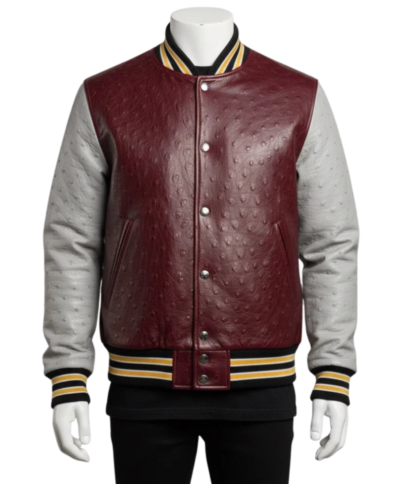 A premium handcrafted maroon and grey ostrich leather varsity jacket with distinct quill textures and a jacket varsity jacket design.