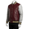 A premium handcrafted maroon and grey ostrich leather varsity jacket with distinct quill textures and a jacket varsity jacket design.