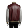 A premium handcrafted maroon and grey ostrich leather varsity jacket with distinct quill textures and a jacket varsity jacket design.