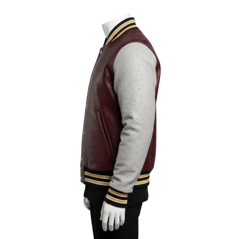 A premium handcrafted maroon and grey ostrich leather varsity jacket with distinct quill textures and a jacket varsity jacket design.