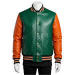 A premium handcrafted green and orange ostrich leather varsity jacket with distinct quill textures and a jacket varsity jacket design.