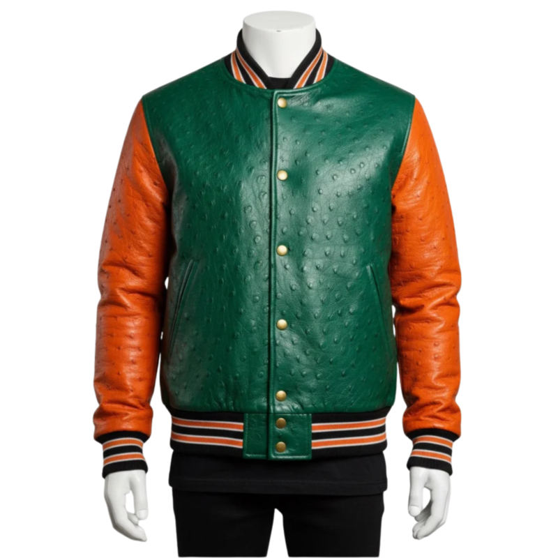 A premium handcrafted green and orange ostrich leather varsity jacket with distinct quill textures and a jacket varsity jacket design.