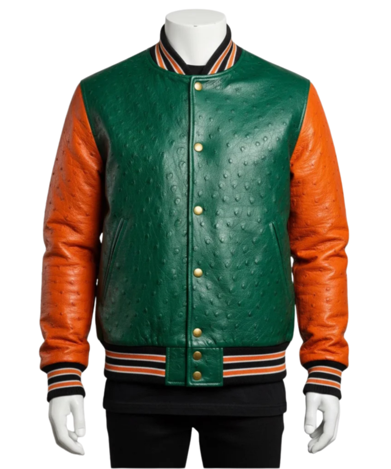 A premium handcrafted green and orange ostrich leather varsity jacket with distinct quill textures and a jacket varsity jacket design.
