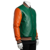 A premium handcrafted green and orange ostrich leather varsity jacket with distinct quill textures and a jacket varsity jacket design.