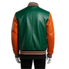 A premium handcrafted green and orange ostrich leather varsity jacket with distinct quill textures and a jacket varsity jacket design.