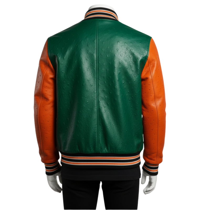 A premium handcrafted green and orange ostrich leather varsity jacket with distinct quill textures and a jacket varsity jacket design.