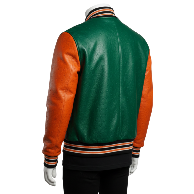 A premium handcrafted green and orange ostrich leather varsity jacket with distinct quill textures and a jacket varsity jacket design.