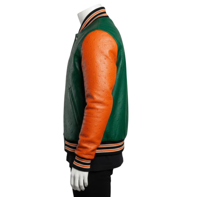 A premium handcrafted green and orange ostrich leather varsity jacket with distinct quill textures and a jacket varsity jacket design.