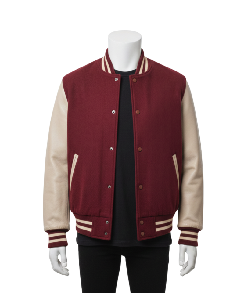 A man wearing a black and white black varsity letterman jacket with a personalized varsity jacket design.