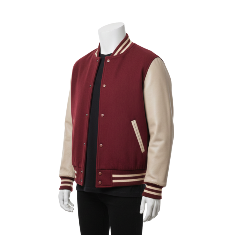 A man wearing a black and white black varsity letterman jacket with a personalized varsity jacket design.