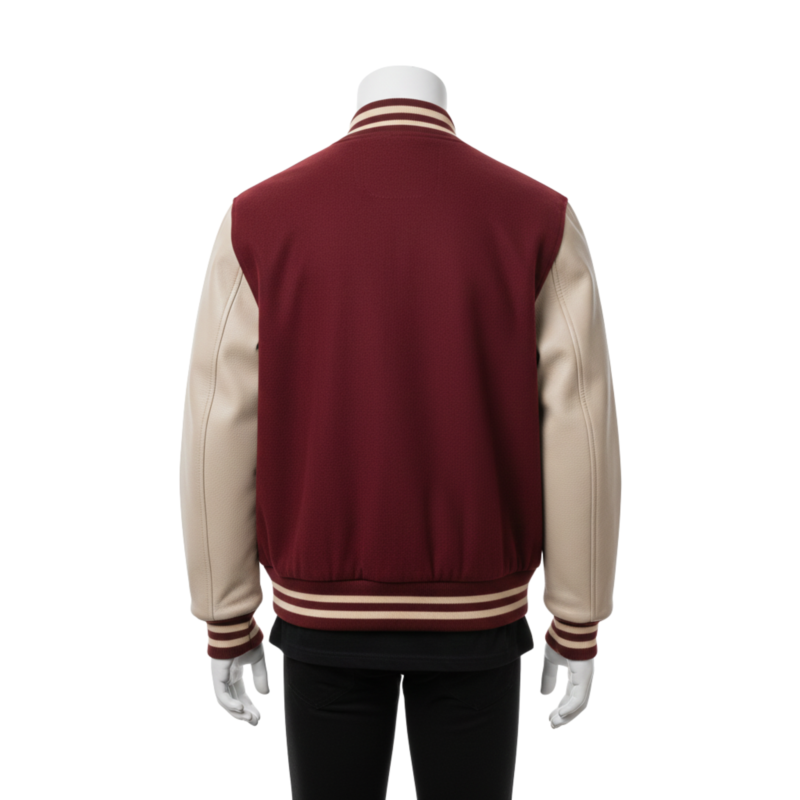 A man wearing a black and white black varsity letterman jacket with a personalized varsity jacket design.