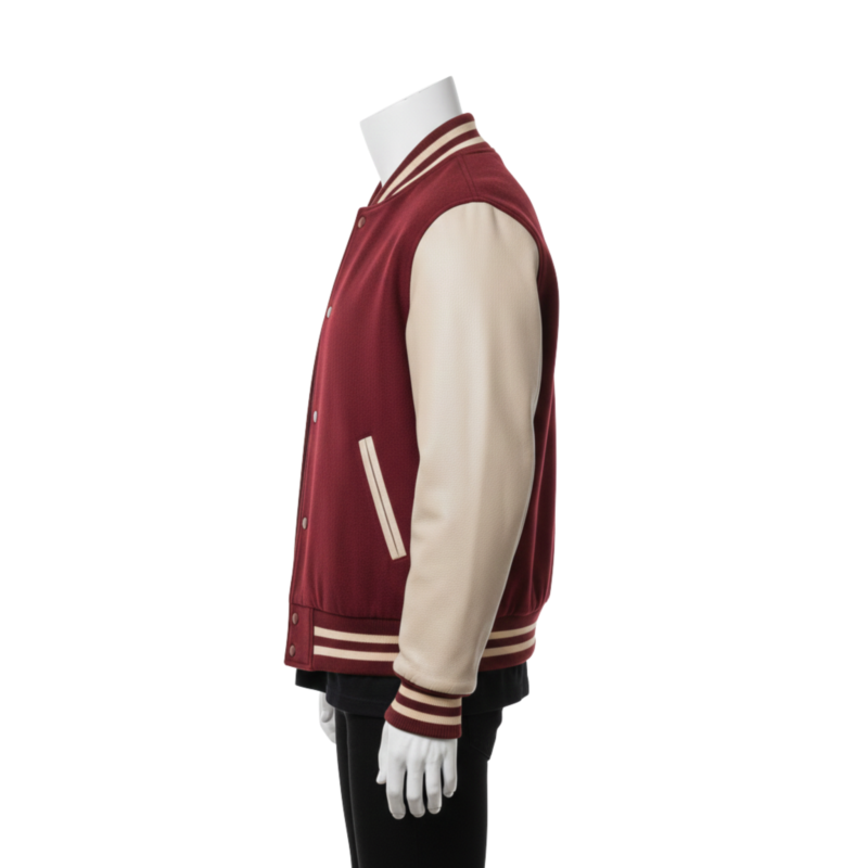 A man wearing a black and white black varsity letterman jacket with a personalized varsity jacket design.