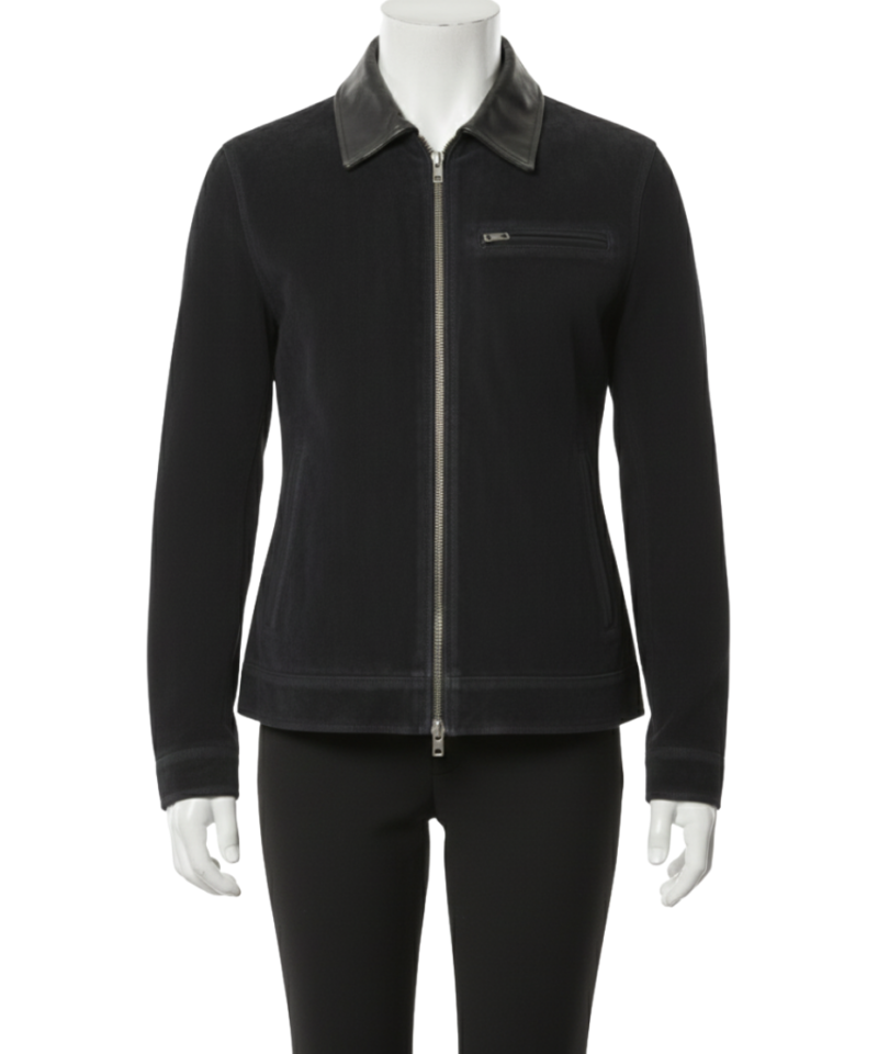 A premium black suede jacket women luxury edition with handmade black suede jacket womens craftsmanship and button closure.