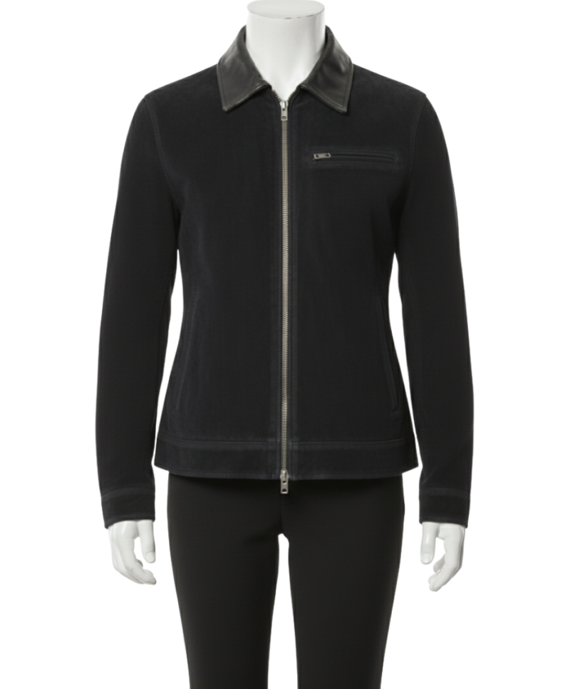 A premium black suede jacket women luxury edition with handmade black suede jacket womens craftsmanship and button closure.