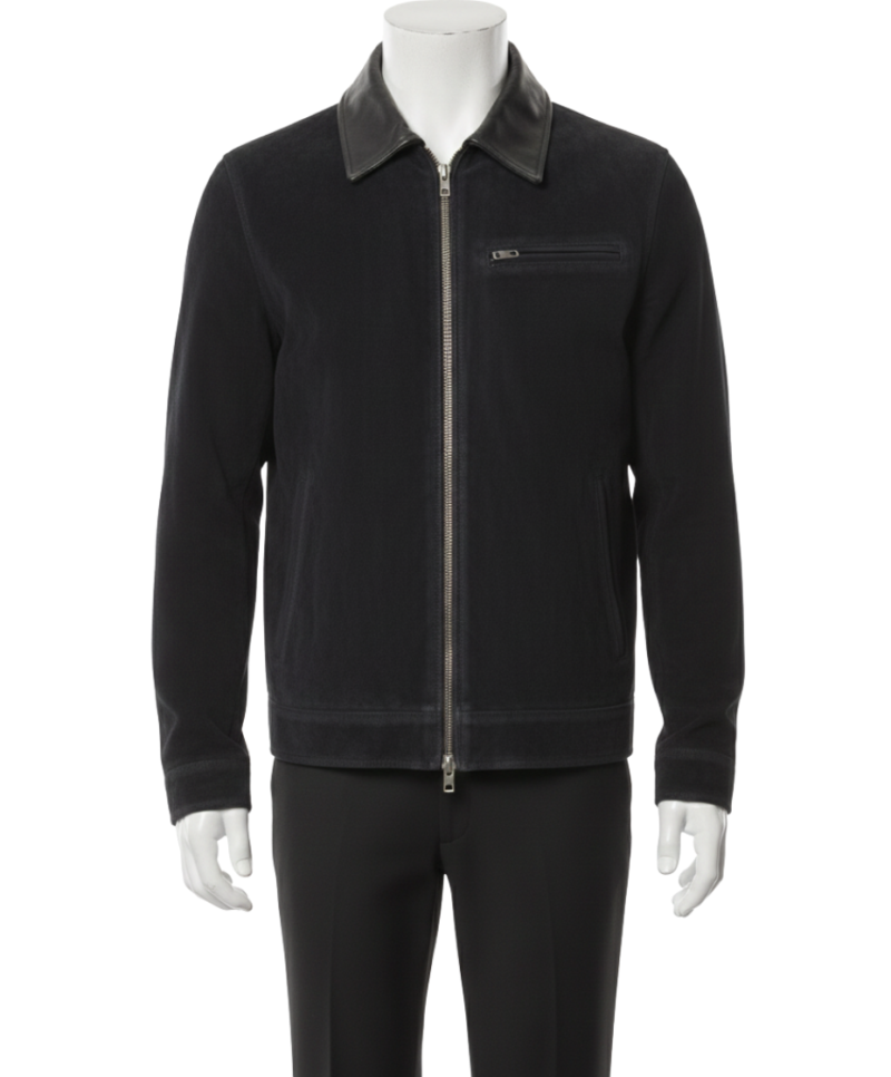 A midnight black handcrafted black suede jacket mens showcasing the high-quality men's suede leather jacket texture.