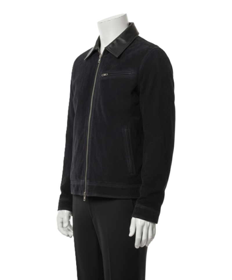 A midnight black handcrafted black suede jacket mens showcasing the high-quality men's suede leather jacket texture.