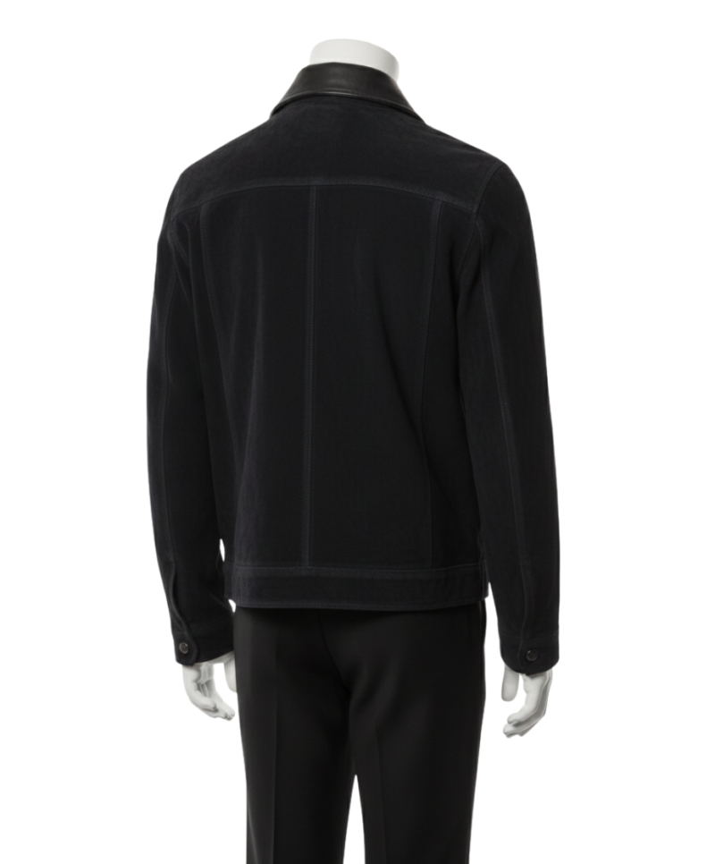 A midnight black handcrafted black suede jacket mens showcasing the high-quality men's suede leather jacket texture.