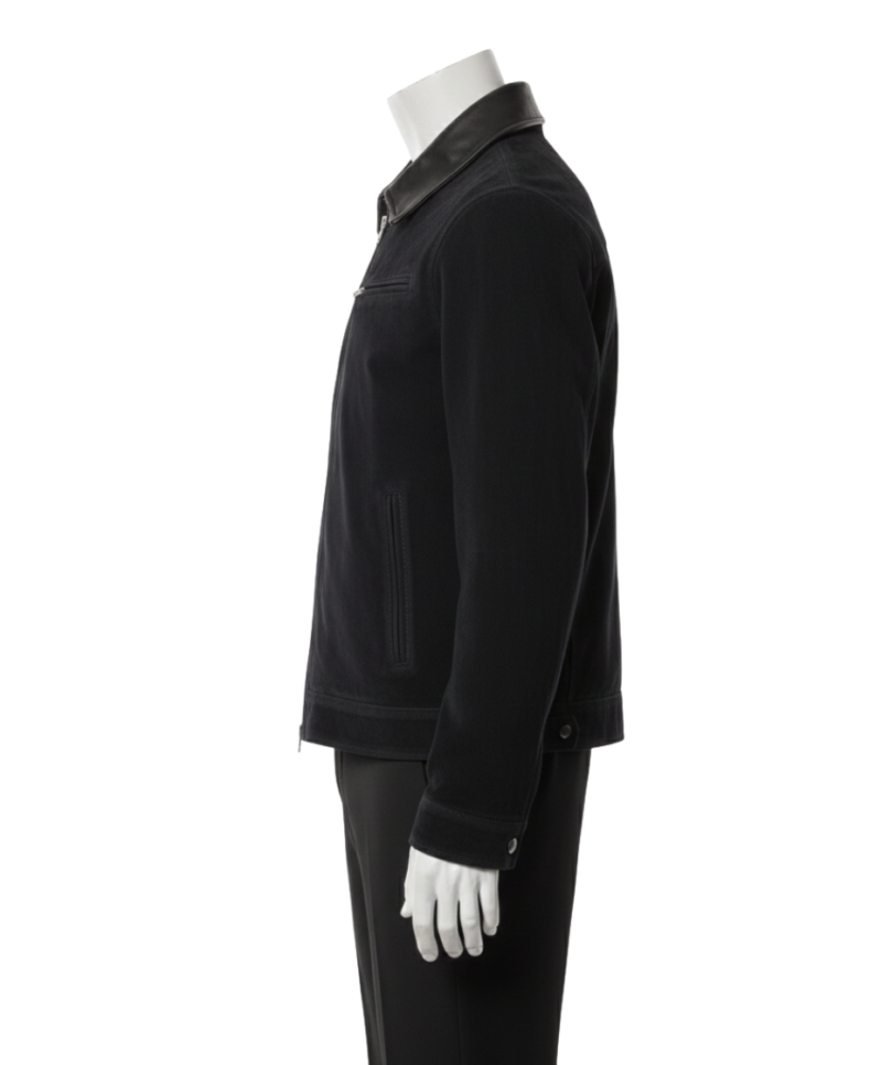 A midnight black handcrafted black suede jacket mens showcasing the high-quality men's suede leather jacket texture.