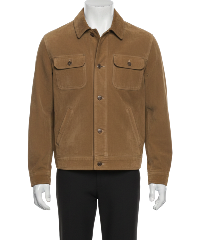 A camel handcrafted mens camel suede jacket showcasing the high-quality suede bomber jackets for men texture.