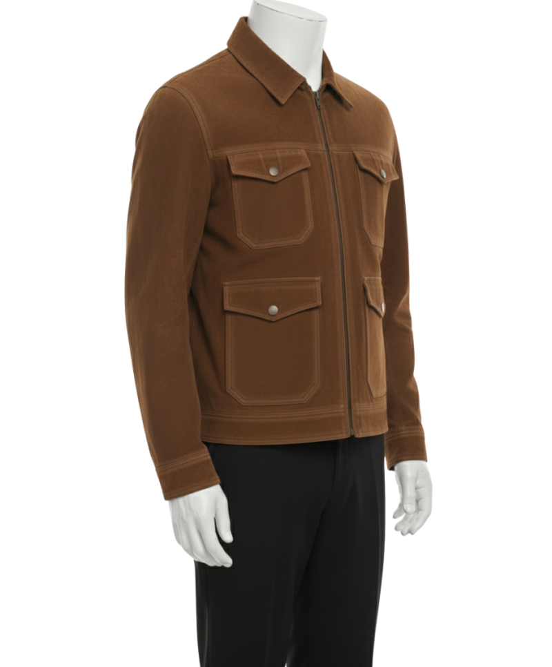 A chocolate brown handcrafted mens brown suede jacket showcasing the high-quality mens suede bomber jacket texture.