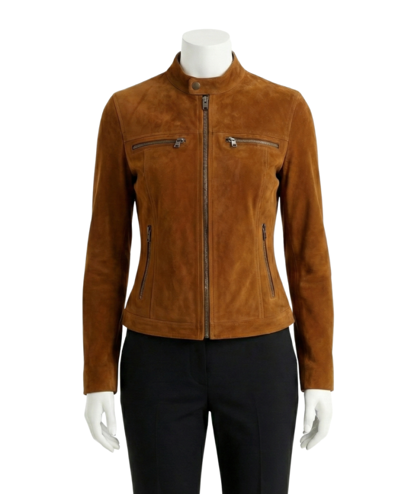 A premium dark brown suede leather jacket women edition featuring a luxury tailored fit and handmade brown suede leather jacket womens craftsmanship.