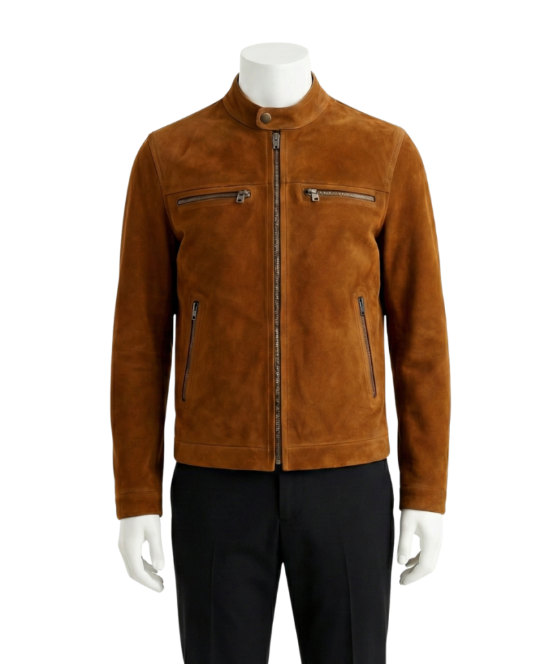 A tobacco brown handcrafted mens suede jacket showcasing the high-quality suede jackets for men texture.