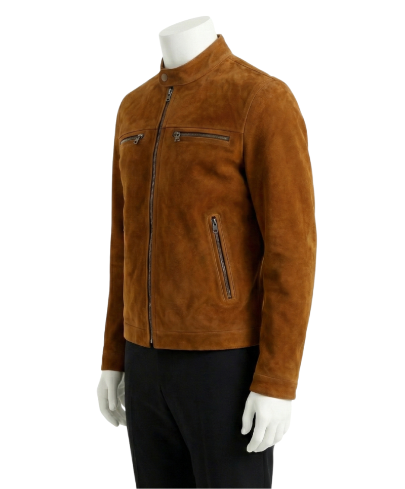 A tobacco brown handcrafted mens suede jacket showcasing the high-quality suede jackets for men texture.