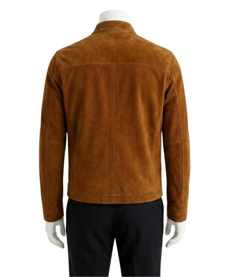 A tobacco brown handcrafted mens suede jacket showcasing the high-quality suede jackets for men texture.