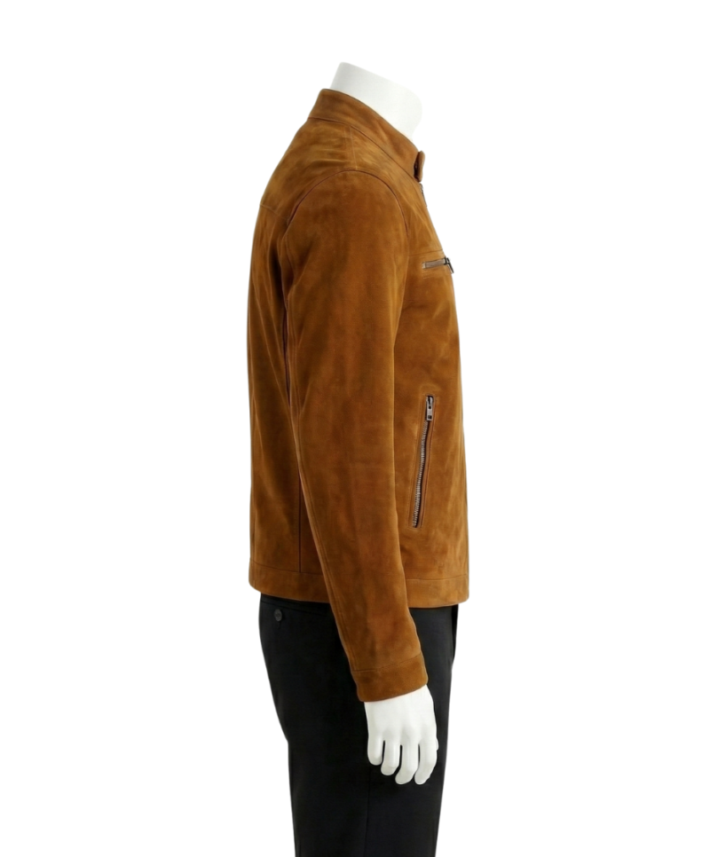 A tobacco brown handcrafted mens suede jacket showcasing the high-quality suede jackets for men texture.