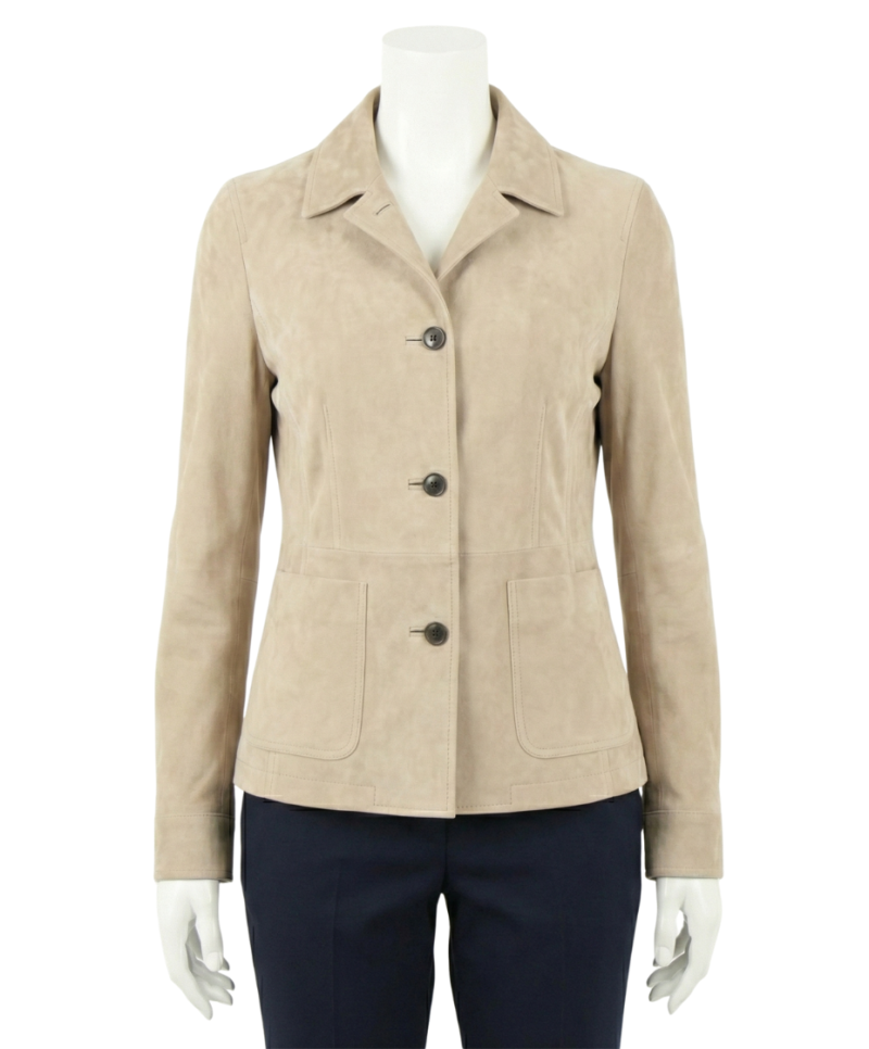 A premium ashy beige suede leather jacket women edition featuring a luxury tailored fit and handmade real suede jacket womens craftsmanship.
