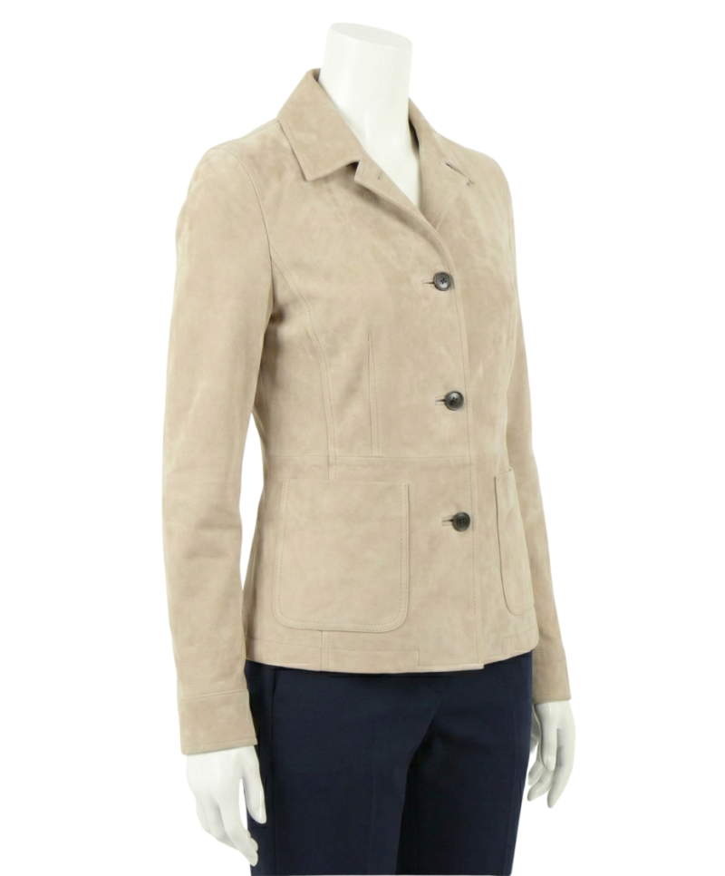 A premium ashy beige suede leather jacket women edition featuring a luxury tailored fit and handmade real suede jacket womens craftsmanship.