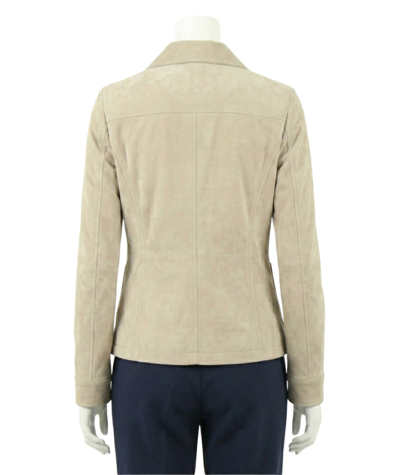 A premium ashy beige suede leather jacket women edition featuring a luxury tailored fit and handmade real suede jacket womens craftsmanship.