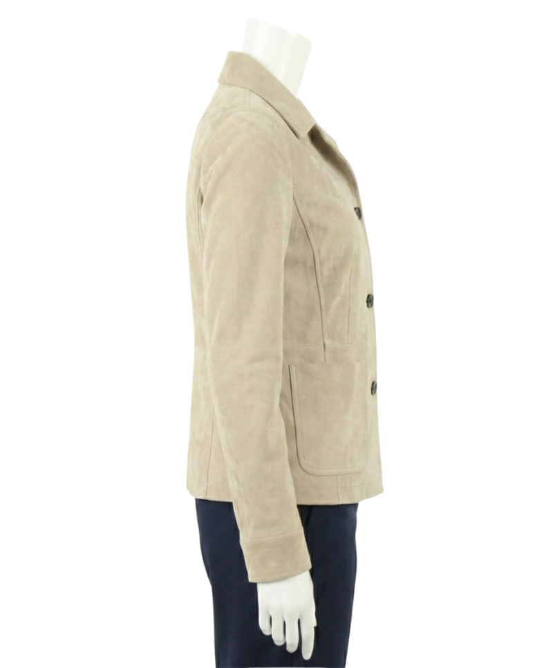 A premium ashy beige suede leather jacket women edition featuring a luxury tailored fit and handmade real suede jacket womens craftsmanship.