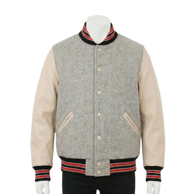 custom varsity jackets detail on gray wool jacket