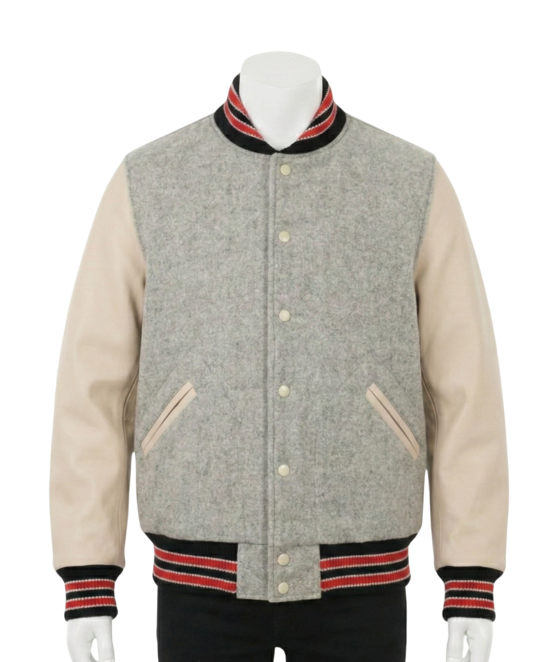 custom varsity jackets detail on gray wool jacket