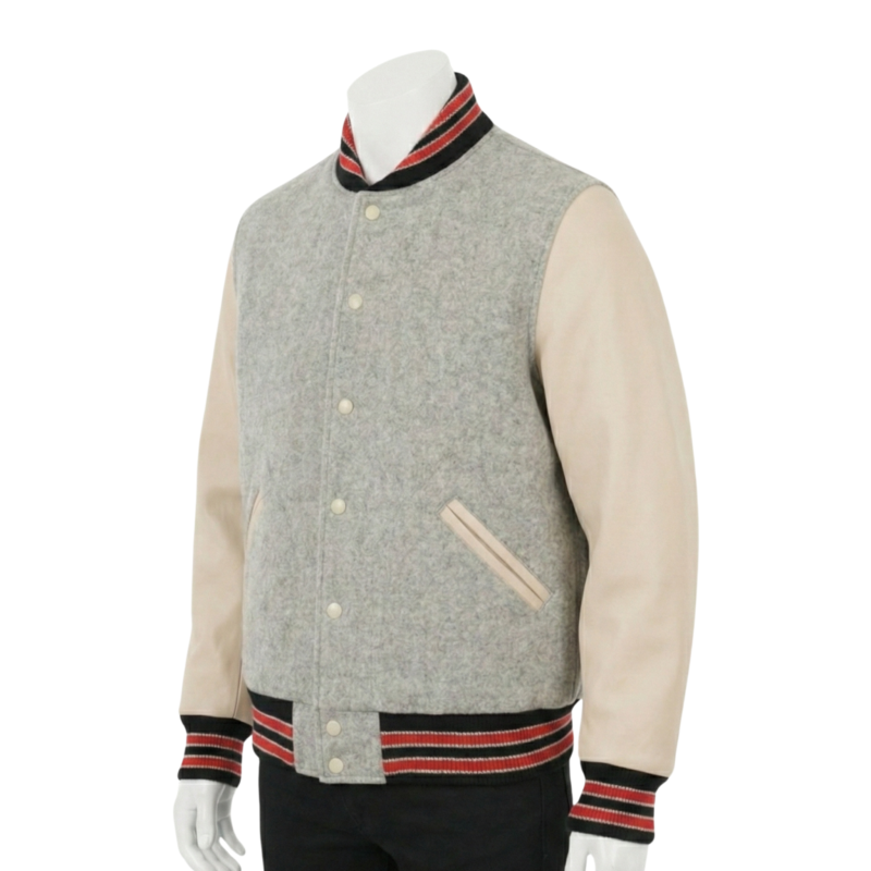custom varsity jackets detail on gray wool jacket